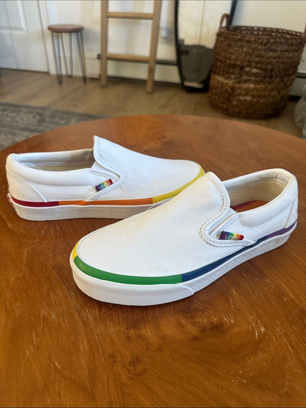 Vans White Slip-On Sneakers with Rainbow Midsole Accents (BRAND NEW, never worn)